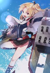  american_flag american_flag_legwear american_flag_print armpits azur_lane black_gloves black_skirt blonde_hair breasts capelet cleveland_(azur_lane) female fingerless_gloves flag_print gloves jacket long_hair makino_(727me727) multicolored_clothes multicolored_socks one_side_up open_mouth parted_bangs pleated_skirt red_eyes rigging side-tie_peek skirt small_breasts socks solo underwear water white_capelet 