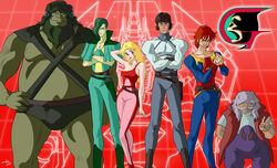  1980s_(style) 5boys absurdres akuu_daisakusen_srungle alien amano_yoshitaka_(style) baby_face_(srungle) beard belt blonde_hair blueprint_background bodysuit boots breasts cape captain_david_chance coat commentary_request dark_skin emblem facial_hair fat female gorilla headgear hellstinger6 highres holster jet_(srungle) logo magician_(srungle) mecha military military_uniform multiple_boys official_style old red_hair retro_artstyle robot roundel science_fiction sexy_(srungle) size_difference srungle_(mecha) superstar_(srungle) uniform 