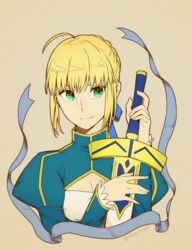  ahoge artoria_pendragon_(fate) blonde_hair blue_ribbon braid braided_bun breasts cleavage closed_mouth commentary_request cropped_torso excalibur_(fate/stay_night) fate/stay_night fate_(series) female green_eyes grey_background hair_bun hair_ribbon highres holding holding_sword holding_weapon long_sleeves looking_to_the_side ribbon saber_(fate) shayubi short_hair simple_background small_breasts smile solo sword twitter_username upper_body weapon 