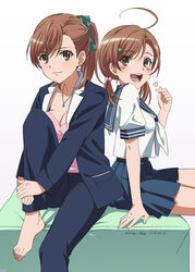  2girls :d a_certain_high_school_uniform age_difference aged_up ahoge alternate_costume alternate_hairstyle alternate_uniform barefoot blue_jacket blue_skirt blue_suit blush blush_stickers breasts brown_eyes brown_hair cleavage clone commentary_request earrings formal from_side gekota green_ribbons hair_bobbles hair_ornament hair_ribbon hairpin heart highres jacket jewelry knee_up last_order_(toaru_majutsu_no_index) looking_at_viewer looking_to_the_side medium_breasts medium_hair misaka_mikoto multiple_girls naguramu neckerchief open_mouth pink_shirt pleated_skirt ponytail ribbon school_uniform serafuku shirt siblings simple_background sisters sitting skirt smile suit summer_uniform toaru_kagaku_no_railgun toaru_majutsu_no_index twintails white_background white_neckerchief white_shirt 