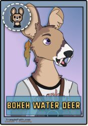  bokeh_water_deer camera card card_template clothing craft_rabbit_(artist) deer ear_piercing ear_ring english_text half-length_portrait hi_res male mammal patchfix_fox_(artist) piercing portrait ring_piercing shirt smile solo t-shirt text topwear trample_path tusks water_deer 