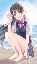  absurdres bare_legs barefoot beach between_fingers black_hair blue_eyes blue_vest blush bow bowtie collared_shirt commentary_request feet female full_body hand_up head_tilt highres holding legs long_hair looking_at_viewer nijisanji ocean open_mouth outdoors pink_bow plaid plaid_skirt pleated_skirt school_uniform seashell shell shiino_sera shirt short_sleeves sidelocks signature skirt solo squatting thighs toes tsukino_mito tsukino_mito_(3rd_costume) vest virtual_youtuber 