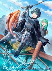  1boy armor black_armor black_cape blue_eyes blue_hair blue_sky byleth_(fire_emblem) byleth_(male)_(fire_emblem) cape closed_eyes cloud commentary_request company_name copyright_name day female fire_emblem fire_emblem:_three_houses fire_emblem_cipher fish fishing fishing_rod flayn_(fire_emblem) garreg_mach_monastery_uniform green_hair hair_ornament holding holding_fishing_rod kazura_enji long_hair long_sleeves official_art open_mouth outdoors pier short_hair sitting sky uniform water 