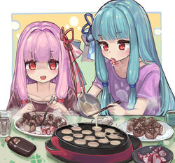  2girls blue_hair blunt_bangs chopsticks commentary cooking food food_in_mouth glass hair_ribbon highres kotonoha_akane kotonoha_aoi long_hair microa mouth_hold multiple_girls octopus paw_print pink_hair pouring red_eyes ribbon siblings sidelocks sisters steam takoyaki takoyaki_pan tentacle upper_body voiceroid 