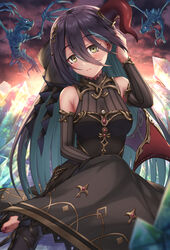  bare_shoulders black_dress black_hair black_sleeves blue_hair blush breasts brown_eyes closed_mouth colored_inner_hair commentary crystal curled_horns detached_sleeves dragon dress female hair_between_eyes head_tilt horns long_hair long_sleeves medium_breasts multicolored_hair outdoors princess_connect! ranpha_(princess_connect!) red_horns red_wings single_horn single_wing sitting skeleton sleeveless sleeveless_dress solo striped striped_sleeves two-tone_hair vertical_stripes very_long_hair wings yuririn_poi 