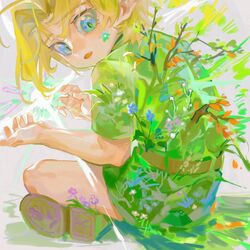  1boy bare_arms blonde_hair blue_eyes blue_flower boots branch brown_footwear flower from_behind glowing grass green_tunic grey_background highres indian_style link lolicon looking_to_the_side male_focus octahooves overgrown parted_lips petals plant pointy_ears shoe_soles short_hair short_sleeves sitting solo surprised the_legend_of_zelda the_legend_of_zelda:_ocarina_of_time young_link 