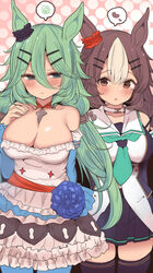  2girls animal_ears bad_id bad_pixiv_id black_serafuku black_skirt blue_eyes blush breasts brown_eyes brown_hair cleavage closed_mouth collarbone commentary_request cosplay costume_switch cowboy_shot crossover green_hair green_neckerchief hair_between_eyes heart highres horse_ears horse_girl kantai_collection large_breasts long_hair multicolored_hair multiple_girls neckerchief open_mouth pleated_skirt pout school_uniform serafuku skirt smile spoken_heart suzuki_toto thighhighs two-tone_hair umamusume white_hair yamakaze_(kancolle) yamakaze_(kancolle)_(cosplay) yamakaze_kai_ni_(kancolle) yamanin_zephyr_(umamusume) yamanin_zephyr_(umamusume)_(cosplay) 