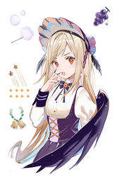  bad_id bad_pixiv_id black_nails black_skirt black_wings blonde_hair blue_bow bow breasts brown_eyes cropped_torso feathered_wings female fingernails food fruit grapes hand_up heart juliet_sleeves long_fingernails long_hair long_sleeves looking_at_viewer nail_polish open_mouth original pleated_skirt puffy_sleeves rero_(bigdoorbig2) sharp_fingernails shirt simple_background single_wing skirt small_breasts solo star_(symbol) underbust upper_body v-shaped_eyebrows very_long_hair white_background white_shirt wings 