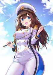  aiguillette blue_eyes blue_sky blush breasts brown_hair buttons coattails day earrings epaulettes female hamahama hat highres idolmaster idolmaster_cinderella_girls idolmaster_cinderella_girls_starlight_stage jacket jewelry large_breasts long_hair long_sleeves looking_at_viewer military military_hat military_uniform naval_uniform open_mouth pants peaked_cap photoshop_(medium) pointer sagisawa_fumika seizon_honnou_valkyria_(idolmaster) sky solo uniform white_hat white_jacket white_pants 