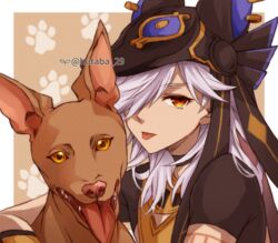  1boy :p androgynous animal_ears animal_hat bad_id bad_twitter_id bishounen canine cyno_(genshin_impact) dark-skinned_male dark_skin genshin_impact hair_over_one_eye hat hutaba_29 jackal_ears long_hair looking_at_viewer male_focus orange_eyes pharaoh_hound short_sleeves solo tongue tongue_out white_hair 