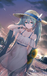  aqua_eyes aqua_hair arm_behind_back asahi_kuroi bracelet bug butterfly butterfly_on_hat butterfly_on_head cloud cloudy_sky commentary cowboy_shot dress female flower hand_in_own_hair hand_up hat hatsune_miku heart highres holding holding_flower jewelry long_hair looking_at_viewer necklace off-shoulder_dress off_shoulder outdoors rock signature sky smile solo spaghetti_strap standing straw_hat sundress sunflower sunset twintails very_long_hair vocaloid water_drop white_butterfly white_dress 