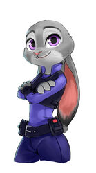  2016 anthro belt clothed clothing crossed_arms dipstick_ears disney ear_markings ears_down female fully_clothed fur grey_body grey_fur hi_res judy_hopps lagomorph landypommel leporid mammal multicolored_ears pink_nose pivoted_ears police police_uniform portrait rabbit simple_background smile solo three-quarter_portrait uniform white_background zootopia 