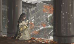  architecture autumn_leaves bad_id bad_pixiv_id black_hair closed_eyes day divine_child_of_rejuvenation east_asian_architecture female hair_tie long_hair outdoors pinwheel rinfu sekiro:_shadows_die_twice sitting snowing solo very_long_hair wide_sleeves 