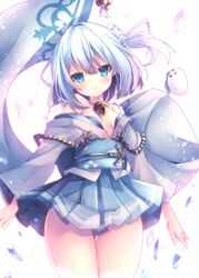  bad_id bad_pixiv_id bare_shoulders bell blue_eyes blue_hair blue_skirt blush breasts breasts_apart dot_nose falling_petals female floating_clothes floating_hair fur_trim gold_trim hair_between_eyes hair_intakes head_tilt ice japanese_clothes jingle_bell kimono light_blue_hair long_sleeves looking_at_viewer medium_hair miniskirt monokuro_(pixiv65883352) neck_bell obi off_shoulder one_side_up petals pleated_skirt raised_eyebrows sash sennen_sensou_aigis short_kimono skirt small_breasts smile snow_rabbit snowflake_ornament solo thigh_gap thighs white_background white_kimono wide_hips wide_sleeves yukihime_(sennen_sensou_aigis) 