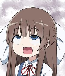  ahe_gao blue_eyes bow brown_hair commentary_request female hairbow long_hair neck_ribbon portrait red_ribbon ribbon rolling_eyes shouko-sensei! solo super_masara super_masara_ahegao white_bow yoshida_shouko 