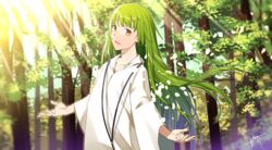  1other :d androgynous commentary_request day enkidu_(fate) fate/strange_fake fate_(series) green_hair long_hair looking_at_viewer open_mouth outdoors outstretched_arms robe sahuyaiya signature smile solo tree white_robe yellow_eyes 