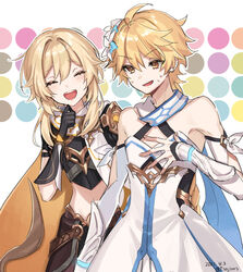  1boy aether_(genshin_impact) aether_(genshin_impact)_(cosplay) amaichi_esora bare_shoulders blonde_hair blush brother_and_sister closed_eyes cosplay costume_switch crossdressing dated dress female genshin_impact happy highres lumine_(genshin_impact) lumine_(genshin_impact)_(cosplay) midriff open_mouth pants scarf siblings smile sweatdrop twitter_username white_dress 