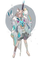  1boy androgynous animal animal_ear_fluff animal_ears arm_up bandaged_leg bandages blue_eyes brown_hair choker closed_mouth fur_trim gold_choker holding holding_sword holding_weapon huge_weapon long_sleeves mask onmyoji qiqu rabbit short_hair sleeves_past_fingers sleeves_past_wrists snow snowing standing sword unworn_mask weapon wide_sleeves yuki_douji_(onmyoji) 