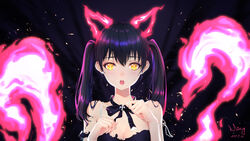  absurdres animal_ears bad_id bad_pixiv_id bare_shoulders black_hair blush bra breasts cat_ears cat_tail cleavage commentary_request dark_background dated en&#039;en_no_shouboutai female fiery_ears fiery_tail hands_up highres jacket long_hair looking_at_viewer medium_breasts miyama_tsubaki_me open_mouth photoshop_(medium) signature solo tail tamaki_kotatsu teeth torn_bra torn_clothes torn_jacket twintails underwear upper_body upper_teeth_only yellow_eyes 