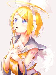  angel angel_wings arm_tattoo bare_shoulders blonde_hair blue_eyes bow collarbone commentary detached_sleeves feathered_wings female frills hair_ornament hairbow hairclip halo hands_on_own_chest headphones headset highres kagamine_rin looking_up mini_wings number_tattoo oerba_yun_fang oyamada_gamata sailor_collar shirt short_hair sleeveless sleeveless_shirt solo star_(symbol) tattoo upper_body vocaloid white_wings wings yellow_nails 