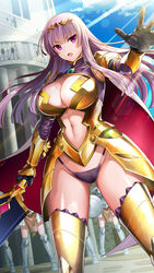  armor armored_boots ass_visible_through_thighs bikini_armor black_gloves blunt_ends boots breastplate breasts cape center_opening circlet claudette_(queen&#039;s_blade) claudette_(queen&#039;s_blade_unlimited) cleavage_cutout clothing_cutout curvy day elbow_gloves faulds female floating_hair g-string gem gloves gold_armor groin hair_between_eyes halterneck highleg highleg_panties highres holding holding_sword holding_weapon huge_weapon large_breasts long_hair navel navel_cutout official_art oosaki_shin&#039;ya open_mouth outdoors outline panties pauldrons purple_eyes purple_hair purple_panties queen&#039;s_blade queen&#039;s_blade_unlimited queen&#039;s_blade_white_triangle red_cape shoulder_armor sidelocks solo standing straight_hair string_panties sword thighs thong turtleneck underwear v-shaped_eyebrows vambraces weapon white_cape wide_hips 