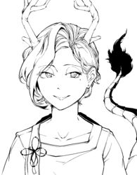  antlers collarbone dragon_girl dragon_tail female greyscale hi_you_(flying_bear) highres horns kicchou_yachie looking_at_viewer mole mole_under_eye monochrome short_hair simple_background smile solo tail touhou wily_beast_and_weakest_creature 