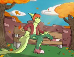  4_fingers anthro autumn bare_chest bench closed_eyes clothing digital_media_(artwork) elbow_fin fin fingers fish footwear gills green_body green_scales hair ibispaint_(artwork) ike_(thesnekden) lime_shark male marine open_chested_shirt orange_hair outside plant scales shark shirtless shoes sneakers snizzydraws solo torn_clothing tree 