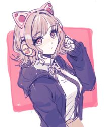  animal_ears black_jacket black_shirt breasts brown_skirt cat_ears collared_shirt commentary_request danganronpa_(series) danganronpa_2:_goodbye_despair female flipped_hair grey_background gwanlamcha hair_intakes hair_ornament hairclip hand_up headphones hood hood_down hooded_jacket jacket korean_commentary long_sleeves looking_at_viewer medium_breasts medium_hair nanami_chiaki neck_ribbon open_clothes open_jacket paw_print pink_background pink_eyes pink_hair ribbon shirt skirt sleeves_past_wrists solo upper_body white_shirt 