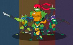  action_pose alligator_snapping_turtle anthro belt box_turtle club_(weapon) darkajugin donatello_(rottmnt) donatello_(tmnt) green_body green_skin group hi_res leonardo_(rottmnt) leonardo_(tmnt) male markings mask melee_weapon michelangelo_(rottmnt) michelangelo_(tmnt) nunchaku odachi ornate_box_turtle pond_slider pose raphael_(rottmnt) raphael_(tmnt) red-eared_terrapin reptile rise_of_the_teenage_mutant_ninja_turtles sai_(weapon) scalie shell snapping_turtle softshell_turtle spiny_softshell_turtle staff teenage_mutant_ninja_turtles terrapin turtle weapon yellow_eyes 