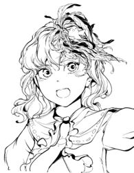  bird chick female greyscale hi_you_(flying_bear) highres looking_at_viewer monochrome multicolored_hair niwatari_kutaka open_mouth puffy_short_sleeves puffy_sleeves short_hair short_sleeves smile solo touhou wily_beast_and_weakest_creature wings 