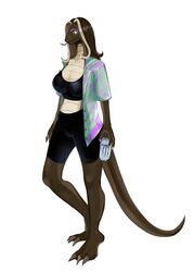  absurd_res anthro beverage bottomwear brown_body claws clothing energy_drink female hair hi_res iridescent iridescent_shirt milin monster_energy multicolored_hair reptile scalie shorts snake solo standing tongue tongue_out topwear two_tone_hair 