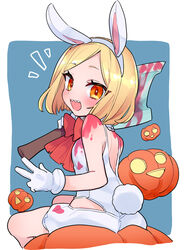  absurdres animal_ears ascot axe back bare_shoulders blonde_hair blue_background blush border bow bowtie breasts fate/grand_order fate_(series) female gloves highres jack-o&#039;-lantern leotard looking_at_viewer looking_back manami_(fearfac666) open_mouth orange_eyes parted_bangs paul_bunyan_(fate) paul_bunyan_(festival_outfit)_(fate) playboy_bunny pumpkin rabbit_ears rabbit_tail red_ascot red_bow red_bowtie sharp_teeth short_hair sitting small_breasts smile tail teeth thighs white_border white_gloves white_leotard 