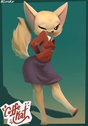  2022 aggretsuko anthro barefoot black_eyes bottomwear canid canine clothed clothing coffekitten feet female fennec_fox fenneko fox full-length_portrait fur furgonomics green_background hands_behind_back hi_res looking_at_viewer mammal one_eye_closed portrait red_clothing red_topwear sanrio simple_background skirt solo standing tail tail_through_skirt tan_body tan_fur topwear true_fox wink 