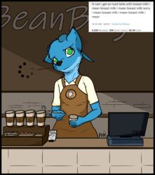  andromorph_(lore) apron avoid_posting barista black_border blue_body blue_fur border canid canine cash_register clothing coffee_shop confusion container count cup detailed_background dialogue_box dragon english_text fur gnosis_(mutemyth) green_eyes hi_res holding_container holding_cup holding_object holding_pen humor hybrid i_mean_breast_milk ibm inside looking_at_viewer male mammal meme mutemyth mythological_creature mythological_scalie mythology number pen repeated_text scalie signature solo text time timestamp working 