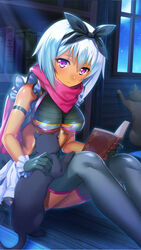  black_cat black_gloves black_ribbon blue_hair blush book breasts dark-skinned_female dark_skin feline female frills gloves grey_thighhighs hair_ribbon highres holding holding_book indoors irma_(queen&#039;s_blade) irma_(queen&#039;s_blade_unlimited) knees_up medium_breasts moon night official_art on_floor oosaki_shin&#039;ya pink_eyes purple_scarf queen&#039;s_blade queen&#039;s_blade_unlimited queen&#039;s_blade_white_triangle revealing_clothes ribbon scarf short_hair sitting solo thighhighs underboob window 