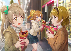  3girls :d akihabara_(tokyo) blue_eyes blush bow brown_eyes brown_hair cardigan casual clothes_writing clumsy commentary_request crepe day food green_bow hairband hairbow highres holding holding_food ice_cream ice_cream_crepe jacket koizumi_hanayo kosaka_honoka light_rays long_hair long_sleeves looking_at_another love_live! love_live!_school_idol_project macaron medium_hair minami_kotori miniskirt multiple_girls one_side_up open_clothes open_jacket open_mouth orange_hair outdoors pavement plaid plaid_skirt profile purple_eyes scarf shamakho short_hair sideways_glance signature skirt smile socks soft_serve spill standing storefront surprised sweater trash_can turtleneck white_scarf yellow_bow 