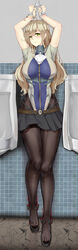  ahoge belt black_pantyhose black_skirt blonde_hair blush bondage bondage bound breasts brown_belt chinese_commentary commentary_request cuffs dakimakura_(medium) female green_eyes handcuffs hei_ling large_breasts long_hair missouri_(warship_girls_r) pantyhose pleated_skirt short_sleeves skirt solo toilet urinal warship_girls_r 