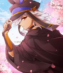  1boy adjusting_clothes adjusting_headwear androgynous animal_ears animal_hat bad_id bad_twitter_id bishounen black_choker black_gloves black_hat bridal_gauntlets cabbie_hat cherry_blossoms choker cyno_(genshin_impact) dark-skinned_male dark_skin genshin_impact gloves hair_over_one_eye hat hutaba_29 jackal_ears long_hair long_sleeves looking_at_viewer male_focus orange_eyes outdoors solo white_hair wide_sleeves 