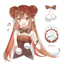  :d bad_id bad_pixiv_id bangle bare_shoulders beamed_eighth_notes black_bow bow bracelet brown_bow brown_eyes brown_hair cropped_torso double_bun female hair_bun hand_up index_finger_raised jewelry long_hair looking_at_viewer lowres musical_note open_mouth original pointy_ears quarter_note rero_(bigdoorbig2) round_teeth simple_background smile solo strapless striped striped_bow teeth upper_body upper_teeth_only very_long_hair white_background 