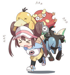  &gt;_&lt; black_pantyhose blue_footwear blue_sleeves blush brown_hair carrying chibi closed_eyes commentary_request darumaka double_bun female flying_sweatdrops full_body hair_bun hyakuen_raitaa injury leg_up long_hair lucario magnemite open_mouth pantyhose photoshop_(medium) pink_headwear pink_legwear poke_ball_symbol poke_ball_theme pokemon pokemon_(creature) pokemon_bw2 psyduck raglan_sleeves rosa_(pokemon) servine shirt shoes short_shorts shorts simple_background socks sweat teeth twintails visor_cap walking white_background white_shirt x_x yellow_shorts 