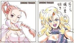  2girls ayla_(chrono_trigger) blonde_hair braid breasts cape chrono_trigger cleavage closed_mouth flea_(chrono_trigger) kyotuka long_hair looking_at_viewer lowres multiple_girls open_mouth pink_hair pointy_ears simple_background single_braid smile translation_request white_background 