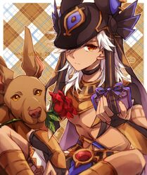  1boy animal_ears animal_hat bad_id bad_twitter_id belt black_choker black_gloves black_hat bridal_gauntlets canine choker commentary cyno_(genshin_impact) dark-skinned_male dark_skin flower genshin_impact gift gloves hair_over_one_eye hat holding holding_gift hutaba_29 jackal_ears long_hair looking_at_viewer male_focus orange_eyes pharaoh_hound red_flower red_rose rose short_sleeves solo symbol-only_commentary white_hair 