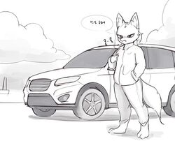  anthro barefoot black_and_white bottomwear cigarette clothing cloud dali_(pixiv) fan_character feet jacket korean_text male monochrome motor_vehicle no_shoes pants paws serious serious_face simple_background smoke smoking smoking_cigarette solo standing suv text toes topwear translated vehicle 