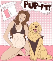  bed bra breasts brown_eyes brown_hair canid canine canis clothed clothed_feral clothing digital_media_(artwork) domestic_dog duo female feral fuf fur furniture hair hi_res human interspecies interspecies_pregnancy male mammal medical_instrument navel open_mouth open_smile panties pregnant pregnant_female scientific_instrument smile smiling_at_viewer suntan tan_line underwear yellow_body yellow_fur 