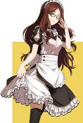  apron black_dress black_thighhighs blue_eyes blush breasts brown_hair commission cosplay dress fate/grand_order fate_(series) female forehead glasses highres large_breasts leonardo_da_vinci_(fate) leonardo_da_vinci_(rider)_(fate) leonardo_da_vinci_(rider)_(fate)_(cosplay) leonardo_da_vinci_(rider)_(second_ascension)_(fate) long_hair looking_at_viewer maid maid_headdress oiun one_eye_closed parted_bangs pixiv_commission puff_and_slash_sleeves puffy_short_sleeves puffy_sleeves short_sleeves smile solo thighhighs thighs white_apron yellow_background 