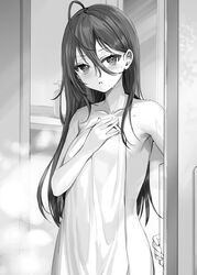  absurdres ahoge armpit_crease armpits bathroom blush bottle breasts collarbone commentary_request covering_privates cowboy_shot door door_handle doorway female greyscale hair_between_eyes hair_over_shoulder hand_on_own_chest head_tilt highres holding holding_towel indoors kimishima_ayano long_hair looking_at_viewer mirror momoko_(momopoco) monochrome nude nude_cover opening_door parted_lips pov_doorway shower_(place) sidelocks small_breasts soap_dispenser solo steam sweatdrop tokidoki_bosotto_roshia-go_de_dereru_tonari_no_arya-san towel very_long_hair 