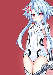  absurdres ahoge anger_vein bad_id bad_pixiv_id bare_shoulders blue_hair blush breasts closed_mouth commentary_request cowboy_shot elbow_gloves female gloves hair_between_eyes highres holding holding_weapon leotard light_blue_hair looking_at_viewer neptune_(series) partial_commentary power_symbol power_symbol-shaped_pupils red_background red_eyes short_hair_with_long_locks sidelocks small_breasts solo standing symbol-shaped_pupils thighhighs weapon web_address weresdrim white_gloves white_heart_(neptunia) white_leotard 