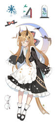  apron bad_id bad_pixiv_id black_bow black_dress black_footwear blue_flower blue_rose book bow brown_hair closed_mouth dress female flower frilled_apron frilled_sleeves frills full_body glasses hair_ornament hair_over_one_eye horns long_hair long_sleeves looking_at_viewer original red_bow red_eyes rero_(bigdoorbig2) rose round_eyewear shoes simple_background sleeves_past_fingers sleeves_past_wrists smile snowflakes socks solo striped striped_bow unworn_eyewear very_long_hair waist_apron white_apron white_background white_socks x_hair_ornament 