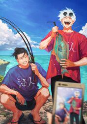  2boys :d ^_^ animal black_eyes black_footwear black_hair black_pants black_shorts blue_shirt cellphone closed_eyes cloud day ear_piercing eyewear_on_head feet_out_of_frame fish fishing_rod full_body getou_suguru gojou_satoru grin hair_between_eyes hair_bun hair_pulled_back highres holding holding_animal holding_fish holding_fishing_rod holding_phone jujutsu_kaisen looking_at_another male_focus multiple_boys ocean one_eye_closed open_mouth outdoors pants parrotfish phone piercing r3511 red_shirt round_eyewear sandals shirt short_hair short_sleeves shorts single_hair_bun smile squatting standing sunglasses white_hair 