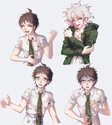  2boys :d ahoge breast_pocket brown_hair closed_eyes collarbone collared_shirt commentary_request cropped_torso crossed_arms danganronpa_(series) danganronpa_2:_goodbye_despair derivative_work freckles green_eyes green_jacket green_necktie grey_eyes grey_hair gwanlamcha hand_up highres hinata_hajime hood hood_down hooded_jacket jacket komaeda_nagito korean_commentary looking_down male_focus messy_hair multiple_boys multiple_views necktie open_mouth pocket print_shirt saliva shirt short_hair short_sleeves smile sweat upper_body white_shirt 